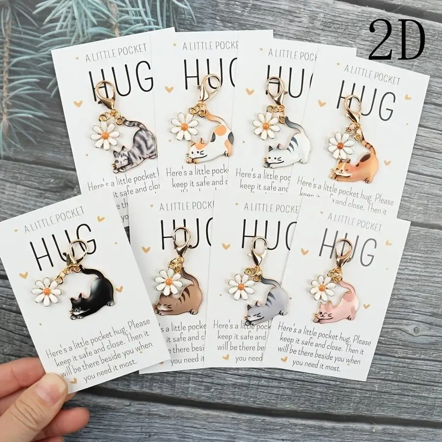 1/5/10/20/50/100pcs Gift for Her/Him 8 Cute Cartoon Cat Keychains, with a Small Pocket Hug Card, Pet Keychain, Car Key Pendant,
