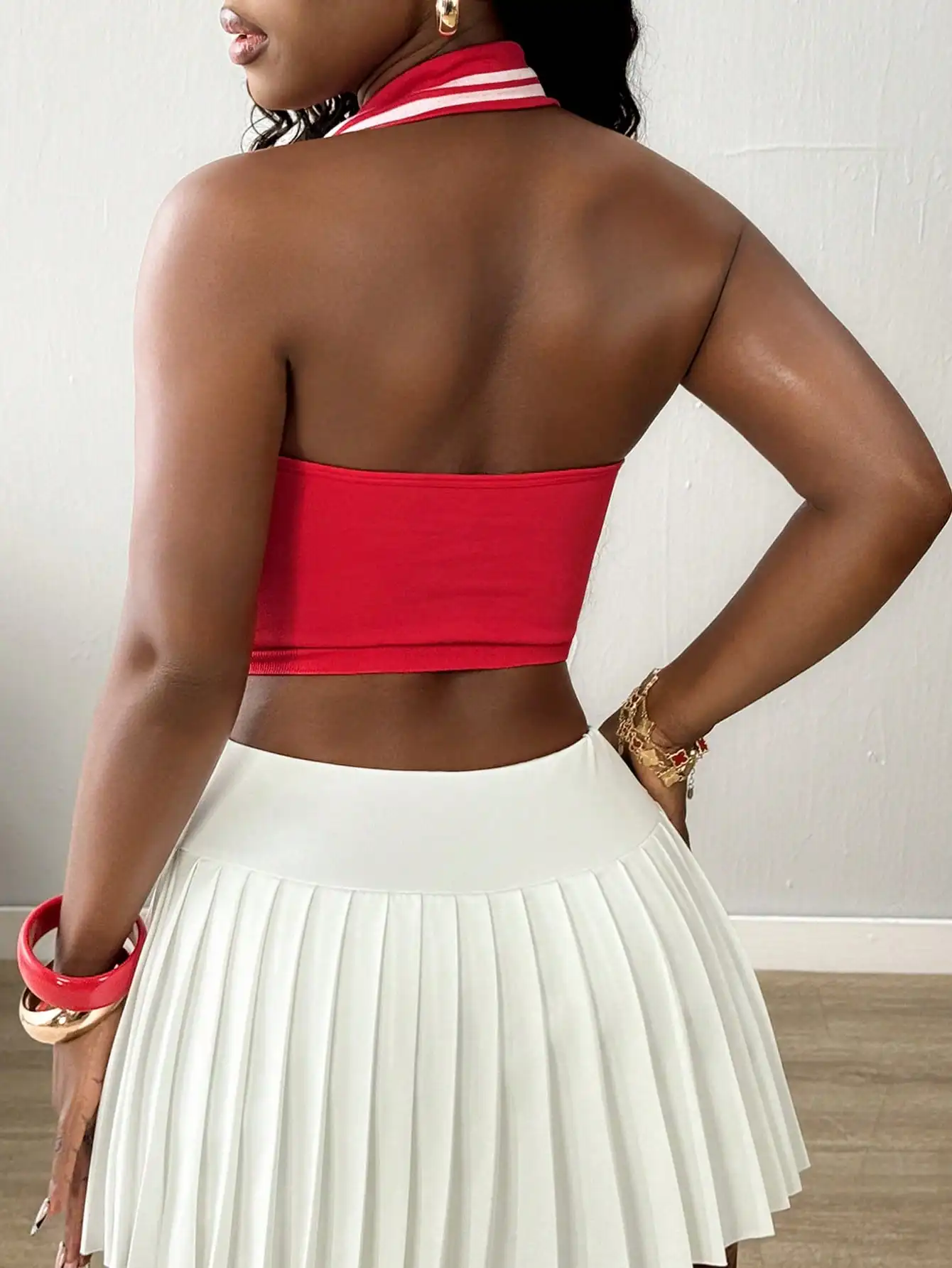 Women Halter Polo Neck Crop Top Ribbed Knit V Neck Contrast Trim Open Back Sleeveless Tennis Golf Yoga Activewear