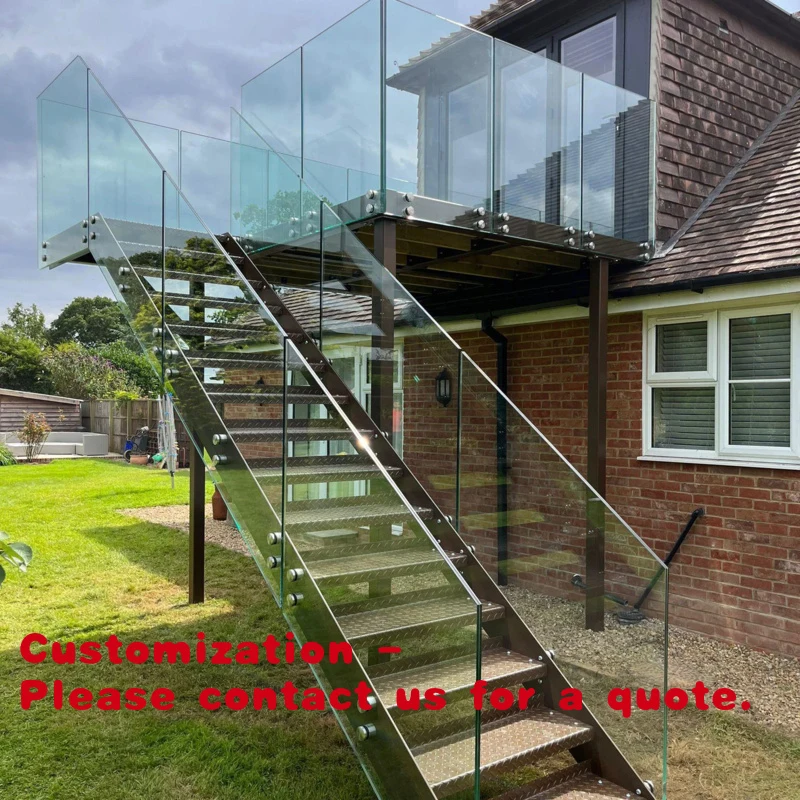 custom.Outdoor Terrace Staircase Custom Non-slip Steel Steps Straight Stairs Steel Structure External Stairs With Glass Railing