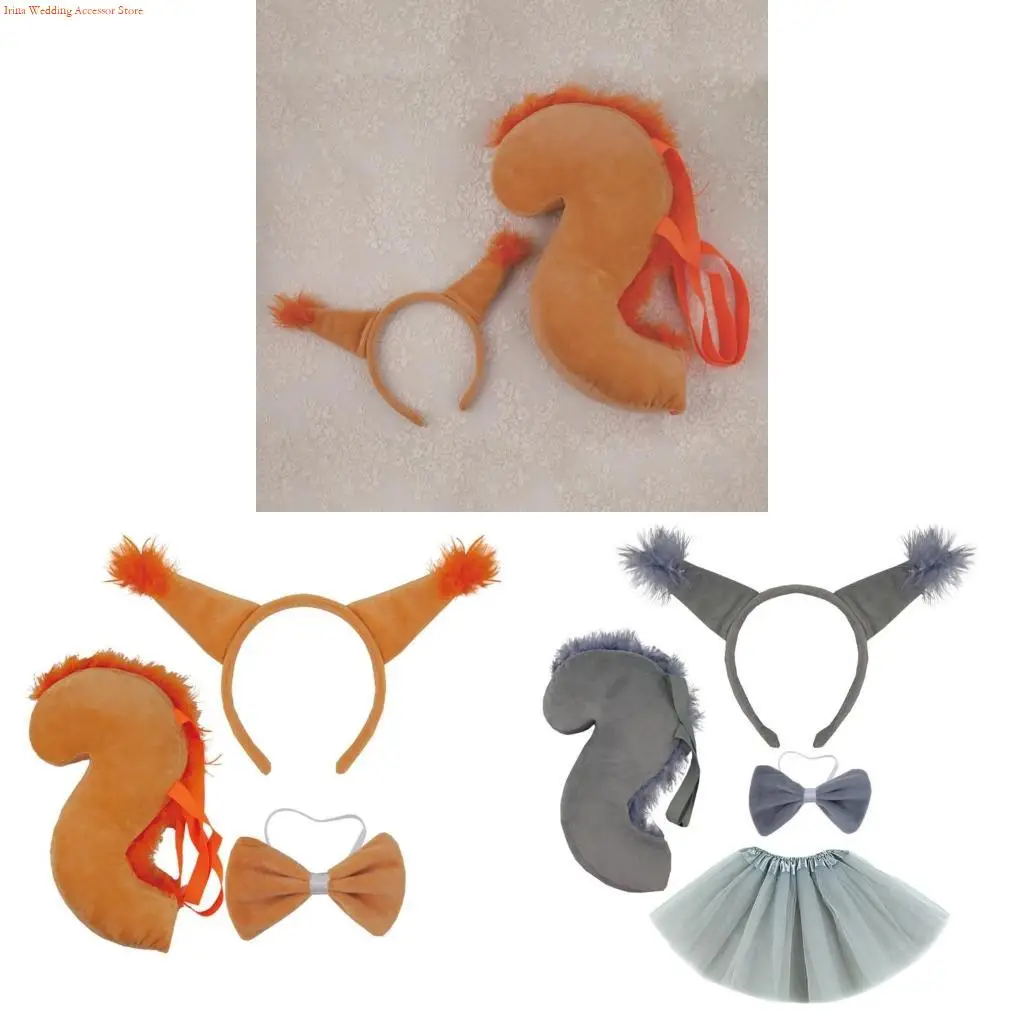

G92D Funny Squirrel Ear Headband&Tail/Bowtie/Glove/Skirt Set Girl Carnivals Hairband