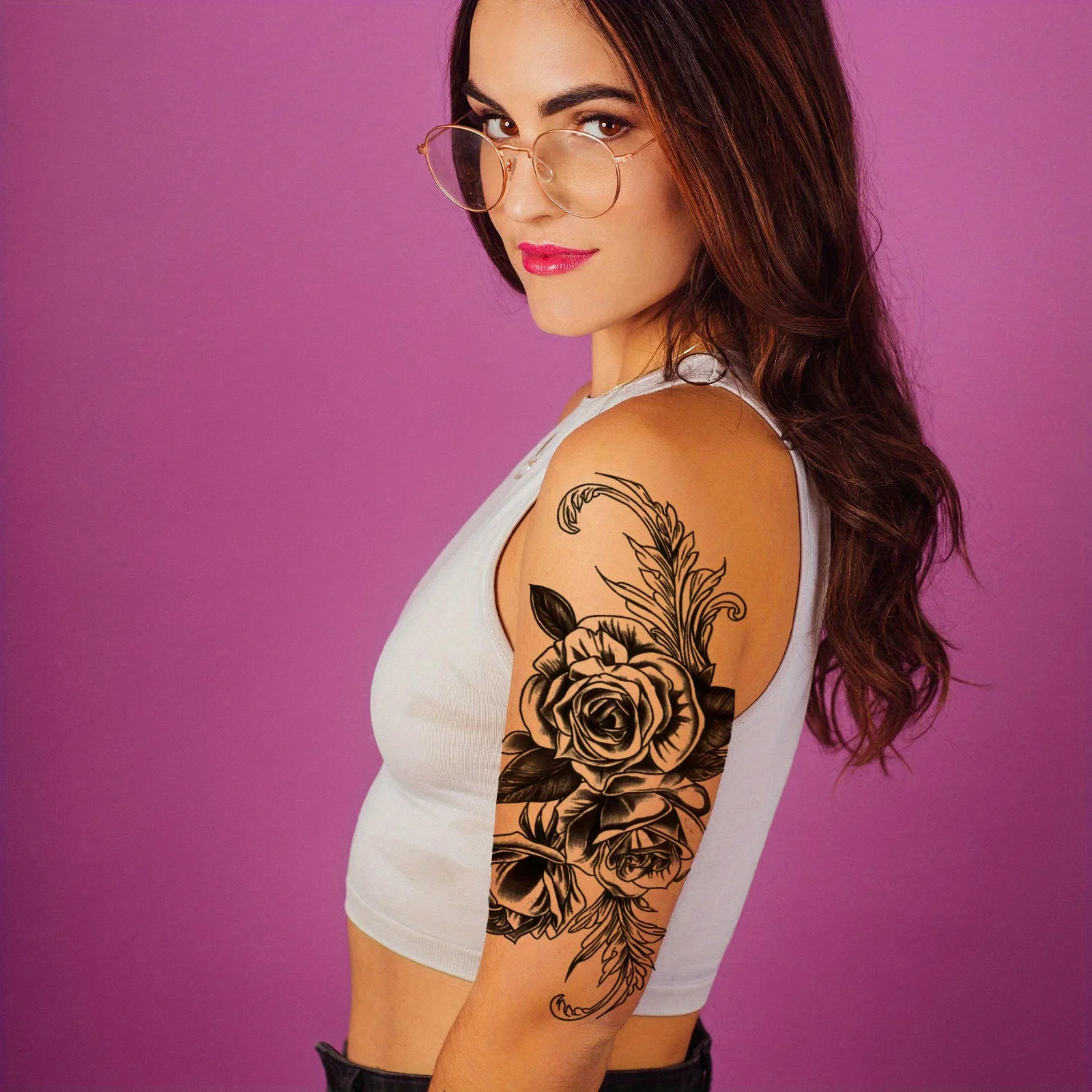 1pc Rose Floral Temporary Tattoo, Waist Fake Tattoo Sticker, Black Flower Waterproof Tattoo Decal For Men & Women view 5