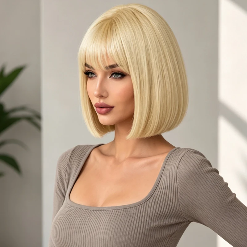Women's 12-inch blonde bangs wig, stylish, elegant, and voluminous, suitable for all women's party outfits.