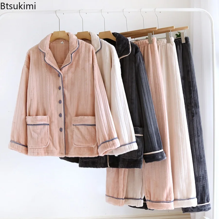 

2025 Autumn and Winter Couple's Pajamas Long-sleeved Trousers Two-piece Flannel Thickened Warm Coral Fleece Home Service Suit