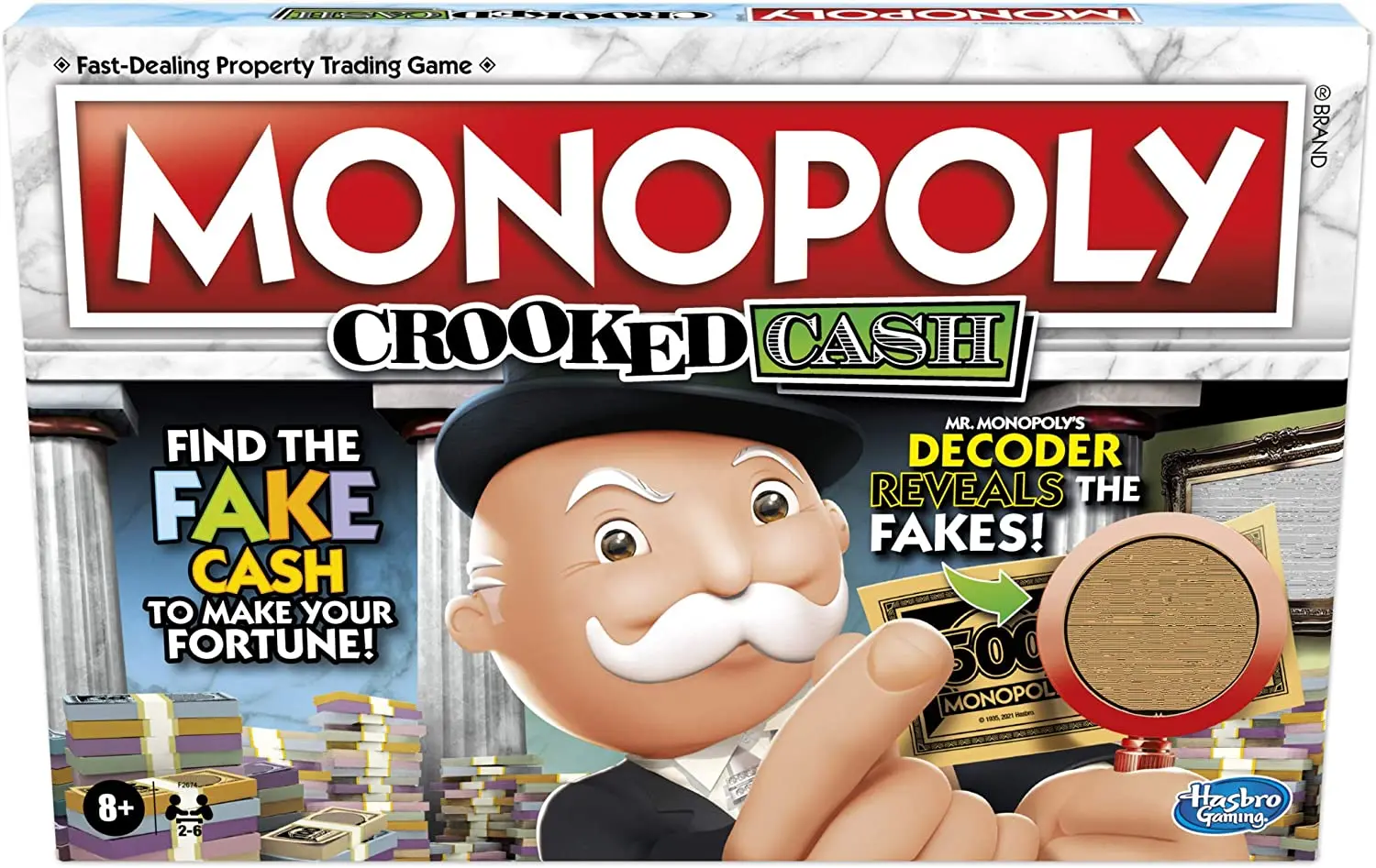 Hasbro MONOPOLY Crooked Cash Board Game for Families and Kids Ages 8 and Up, Includes Mr Decoder to Find Fakes F2674