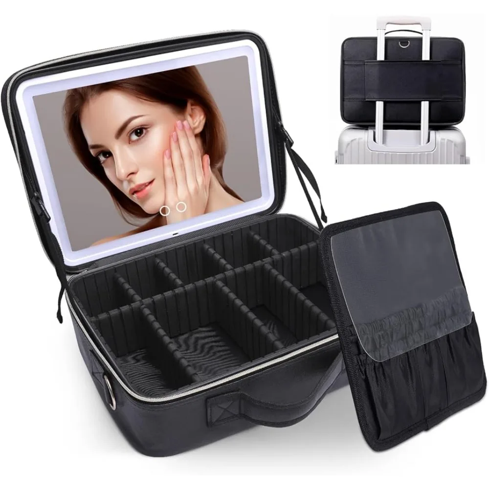 

Makeup Bag LED Lighted Make up Case with Mirror 3 Color Cosmetic Box Tools Accessories Case Rechargeable big black Cosmetic Bags