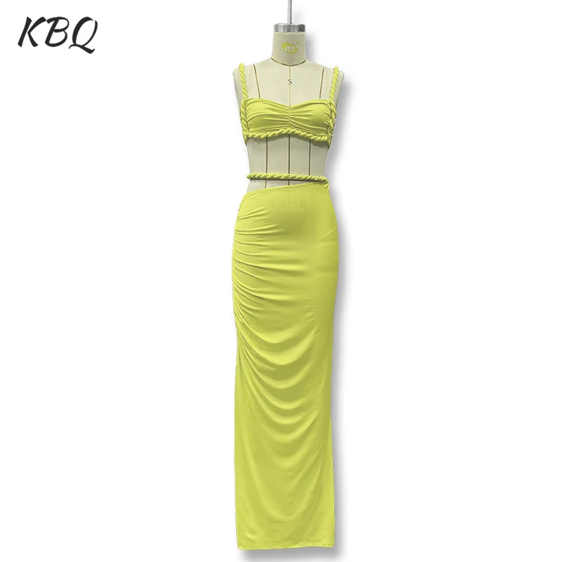 

KBQ Solid Spliced Folds Two Piece Sets for Women Square Collar Sleeveless Short Tops High Waist Long Skirts Chic Set Female New