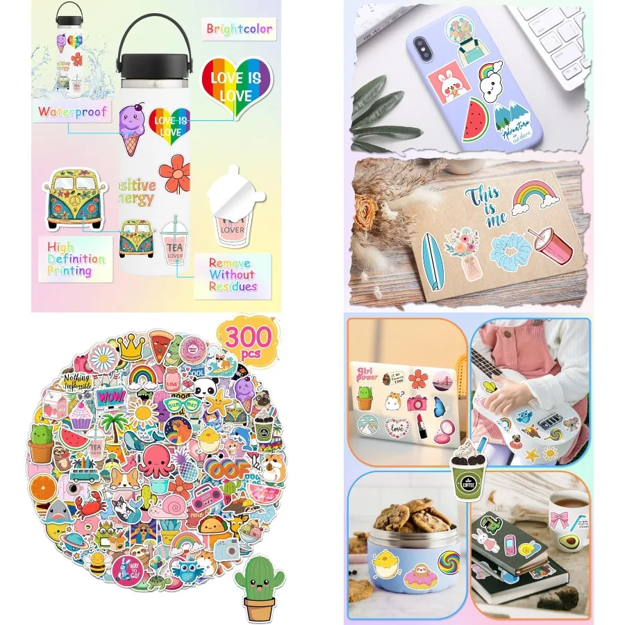 

300 Pcs Cute Waterproof Vinyl Stickers for and Teens: Ideal for Water Bottles Laptops School Supplies Classroom Decorations Tea