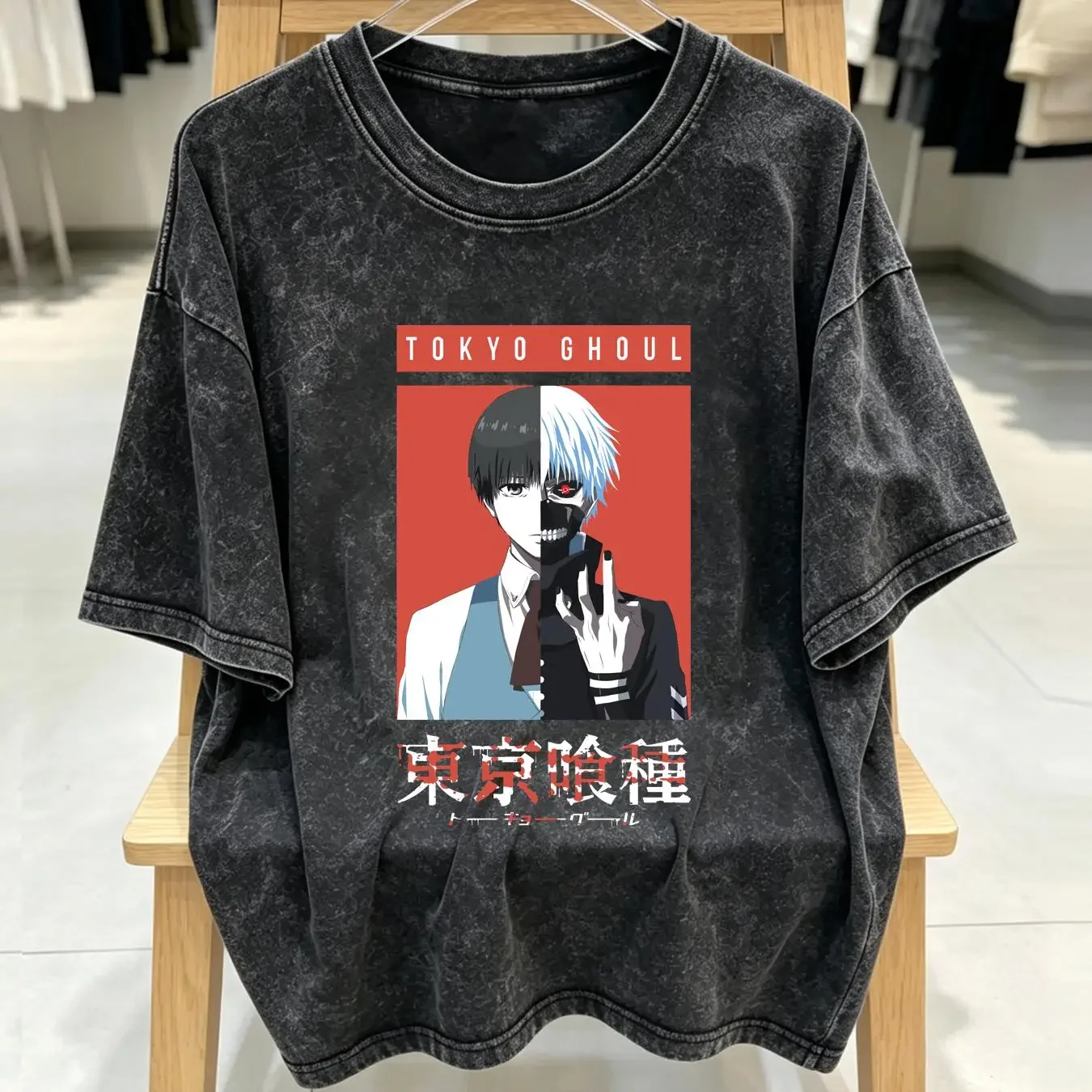 washed T Shirt Tokyo ghoul Adult New Split Face Over Kanji Pic long or short sleeves vintage Washed Versatile graphic