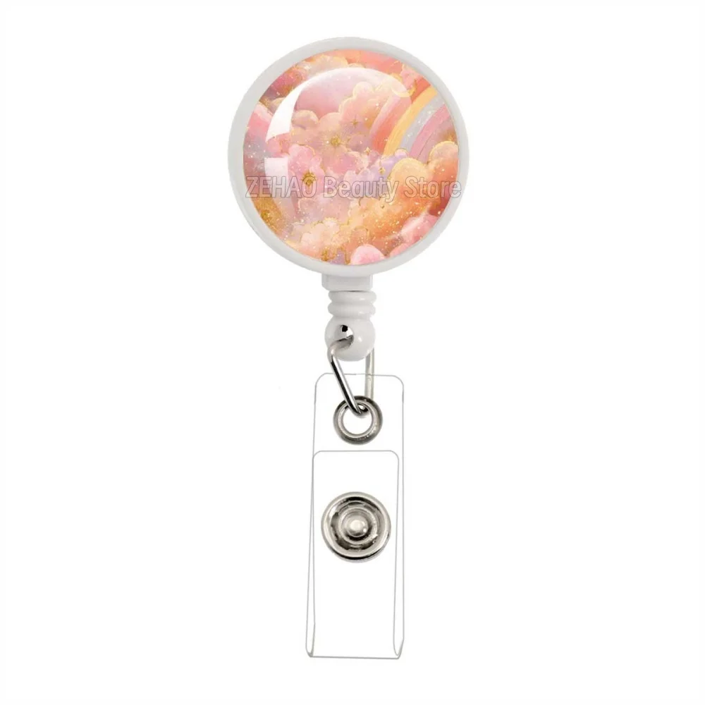 30mm Pink Oil Painting Series Glass Cabochon White Retractable Badge Reel Work Card Clip ID Name Card Tag Staff Card Badge JD002