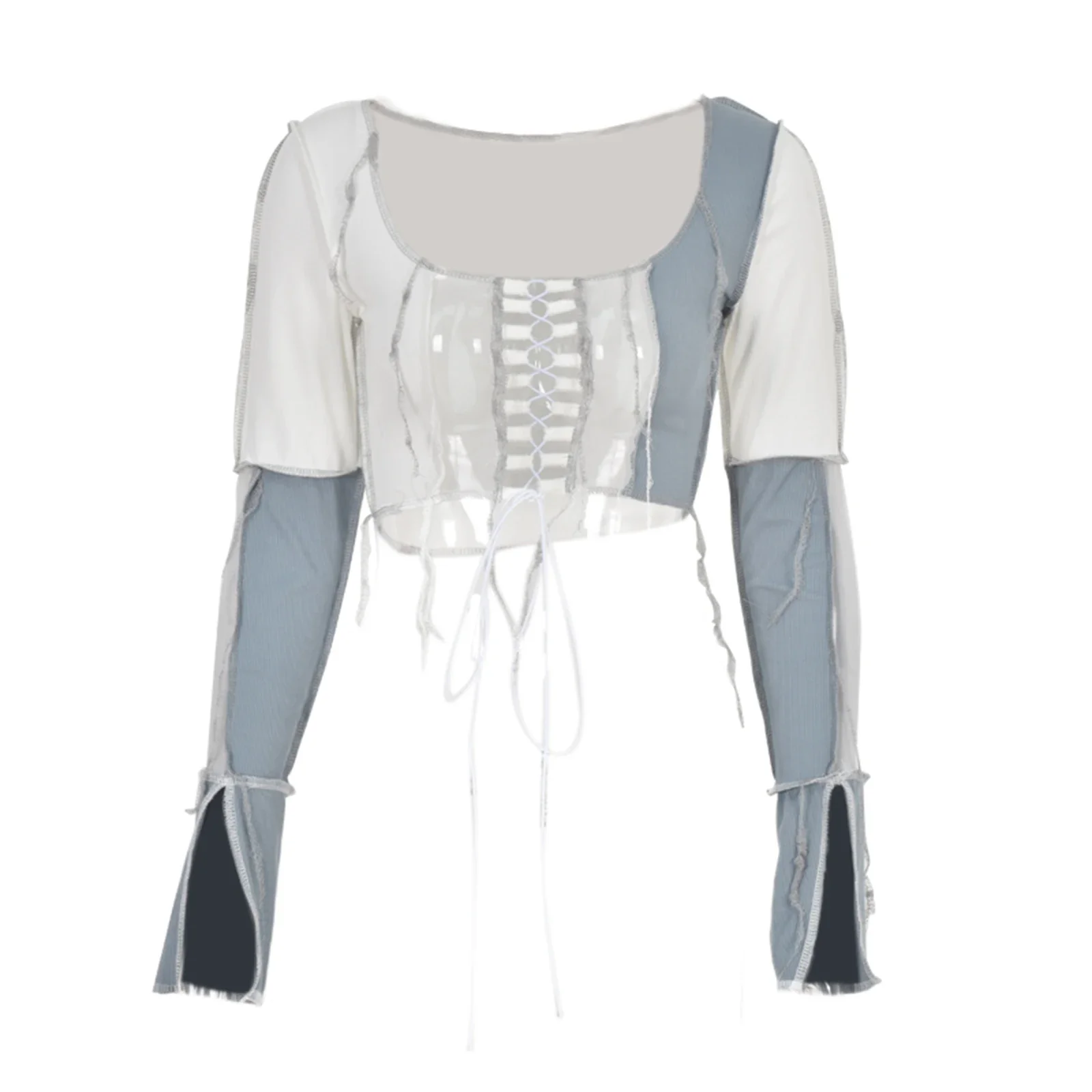 2024 Fashion Reverse Trim Color Block Cropped Top Long Sleeve Lace Up Mesh Patchwork Hollow Out Square Neck t-Shirt for Ladies