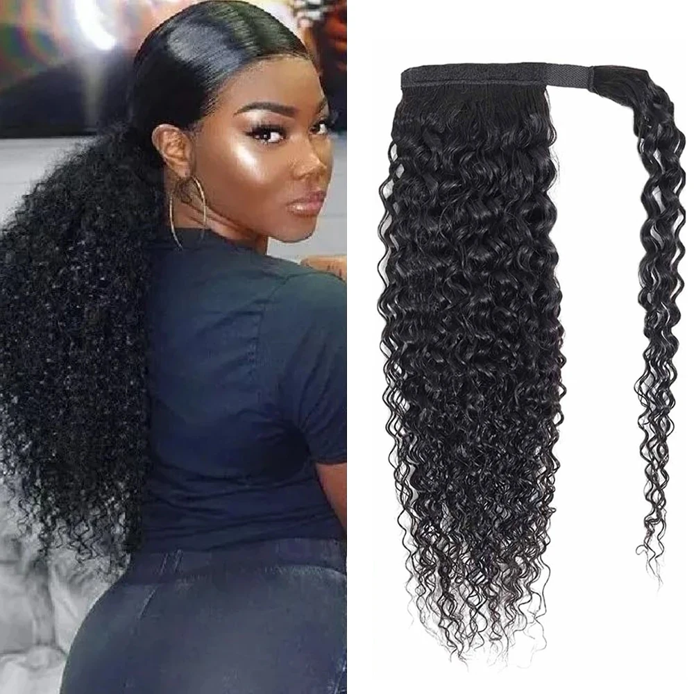 Extensión de cola de caballo para mujer, cabello humano virgen brasileño rizado con urdimbre de pasta mágica, alrededor de 100 g/pc