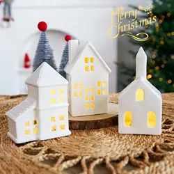 Christmas Ceramic House Figurine Illuminated House Night Lamp For Xmas Tabletop Decor Ornament Festival Gifts Porcelain House