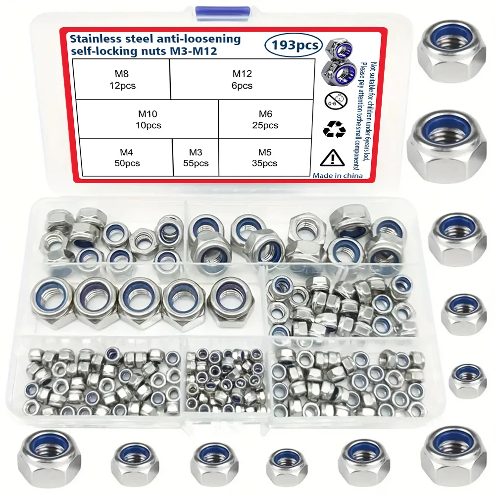 193 Pieces of Stainless Steel Anti-Slip Self-Locking Nuts, Size M3-M12, Prevent Nuts from Loosening Under Vibration
