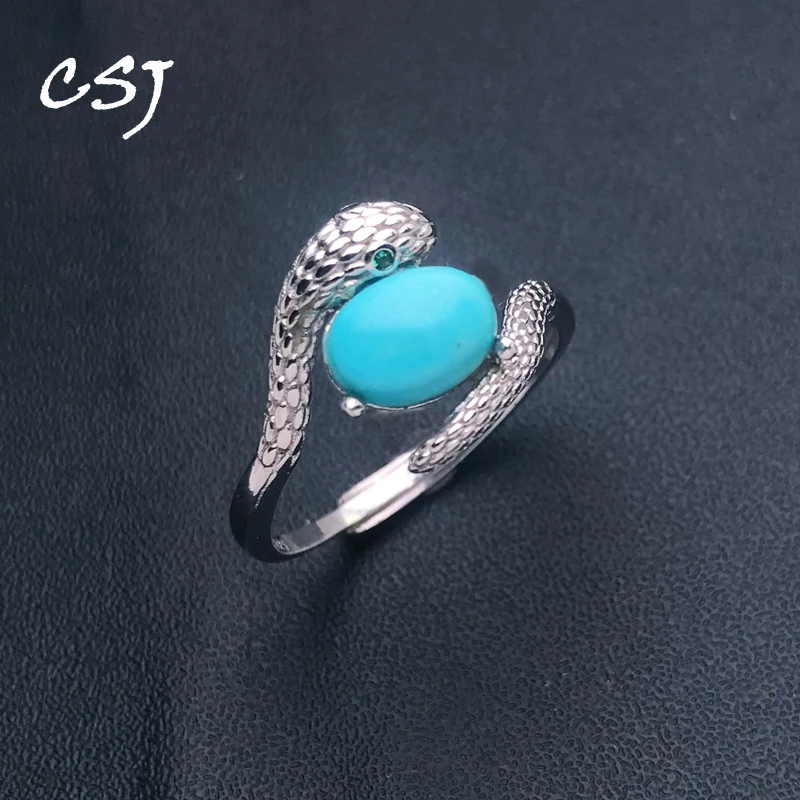 

CSJ Real NaturalTurquoise Snake Rings 925 Sterling Silver Oval 8*6mm for Women Jewelry Birthday Party Gift