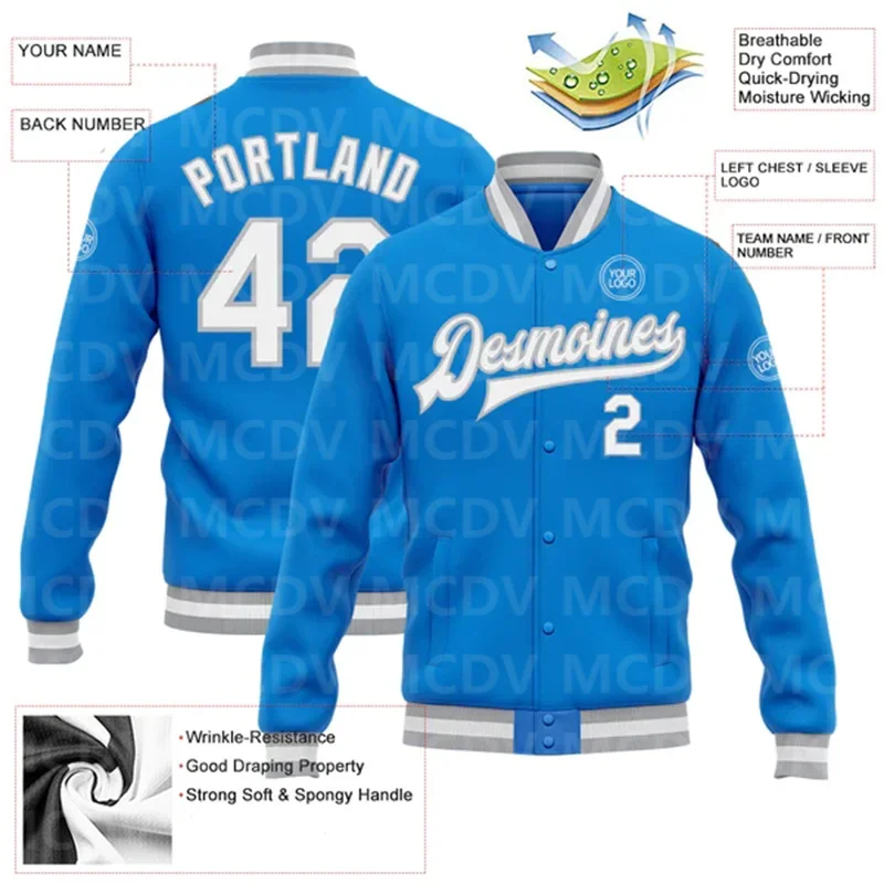 Custom Electric Blue White-Gray Bomber Full-Snap Varsity Letterman Jacket