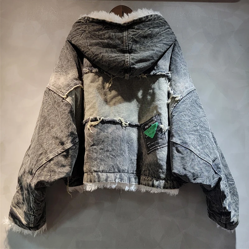 KBQ Patchwork Pockets Chic Denim Jackets For Women Hooded Long Sleeve Spliced Feathers Vintage Coats Female Fashion Style New