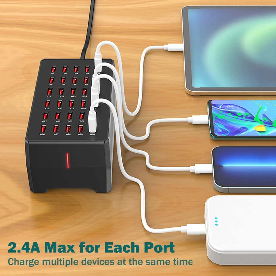 Cargador USB de 12/30 puertos, estación de carga rápida universal de pared y escritorio para teléfonos móviles, adaptador de corriente 4
