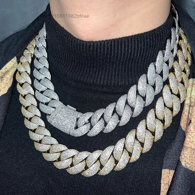 Iced 6-Rows Diamond Prong 24MM Sterling Silver 925VubanC Cuban Link Chain Silver Gold Bling Heavy Necklace Moissanite Hip Hop，