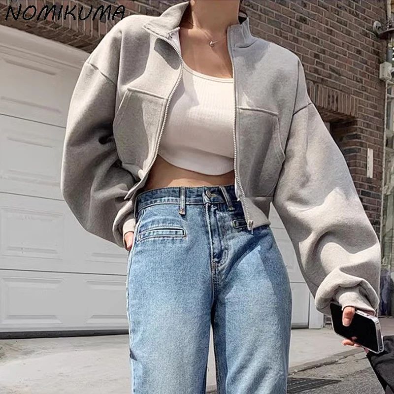 Nomikuma Korea Autumn Zipper Stand Neck Long Sleeve Causal Solid Short Sweatshort Cardigan Coat 2023 Fashion Women Jackets