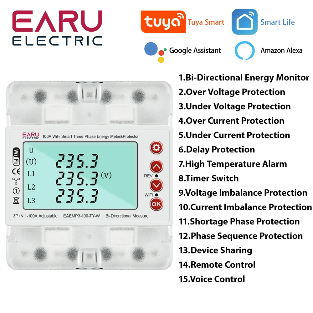 

3 Phase 380V 100A Tuya WiFi Smart Bidirectional Energy Power kWh Meter Over Under Voltage Protector Relay Switch Current Limit