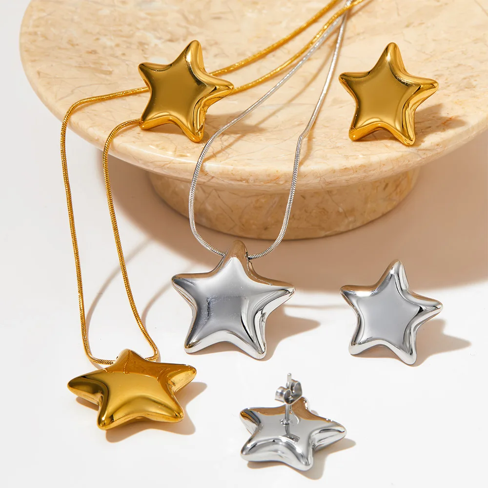 Keen-on Trendy Stainless Steel Smooth Metal Star Stud Earrings Necklace Rust Proof Texture High Quality Daily Jewelry Gift