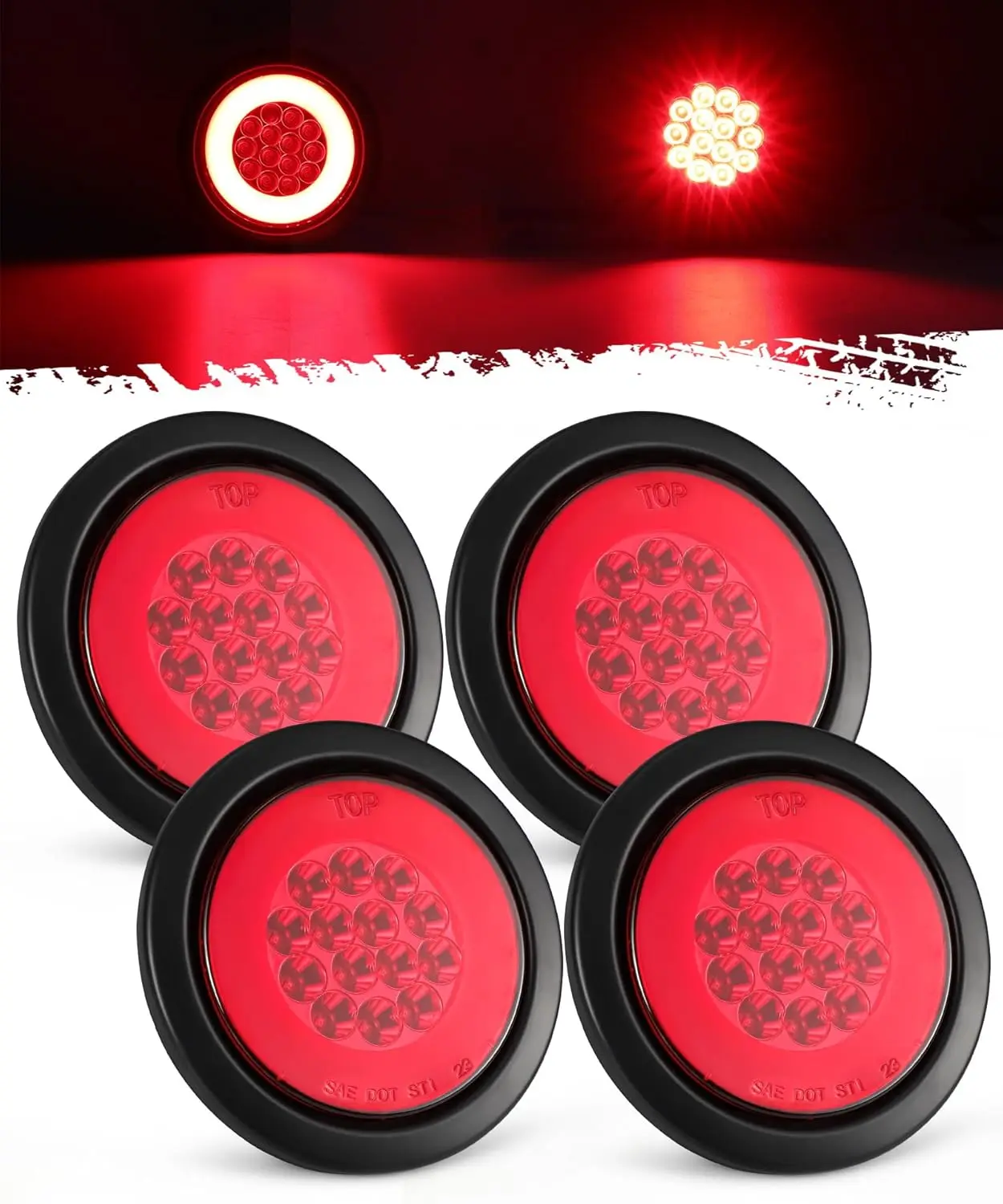 

4Pcs 4 Inch Round 32 LED Trailer Tail Lights Red with Halo Glow, 12-24V, IP67 Waterproof