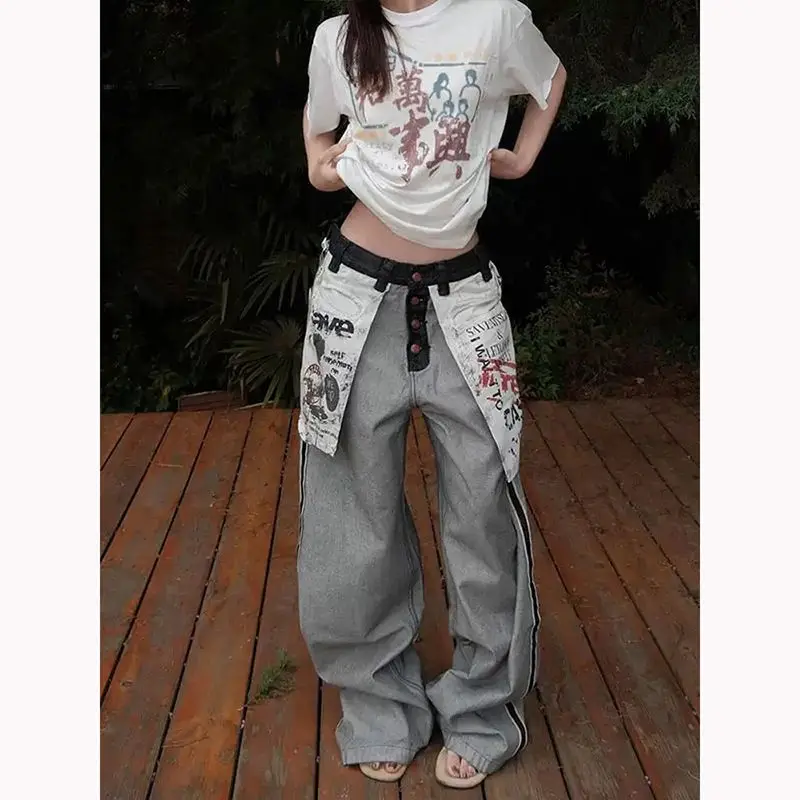 ONE TO WAN Women's Grey Gothic Y2k Oversize Jeans Harajuku Vintage Baggy Denim Trouser 2000s Style Boyfriend Jeans Pants Summer