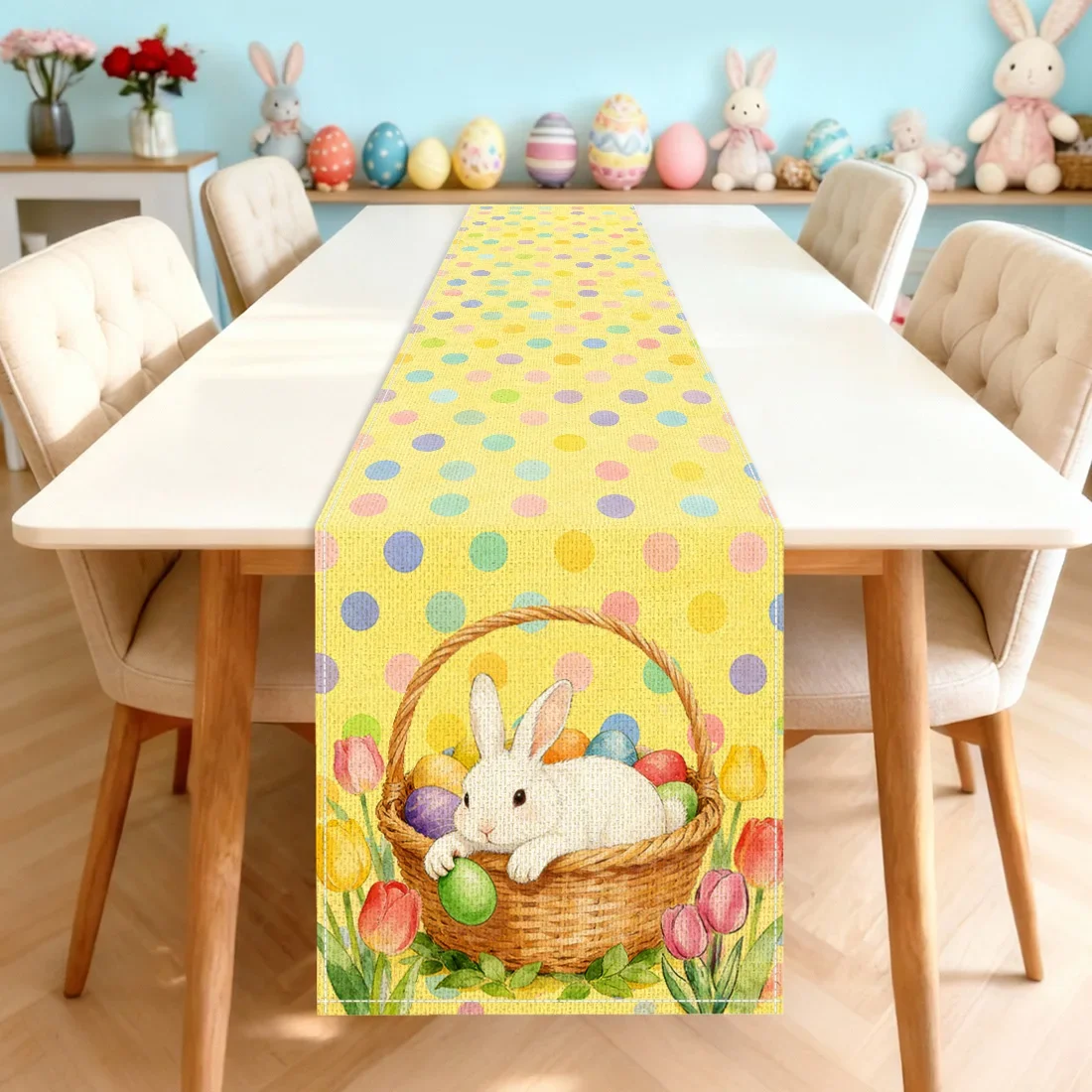 

Easter Polka Dot Rabbit Egg & Tulip Pattern Digital Printed Linen Look 100% Polyester Table Runner For Dining Table & Home Decor