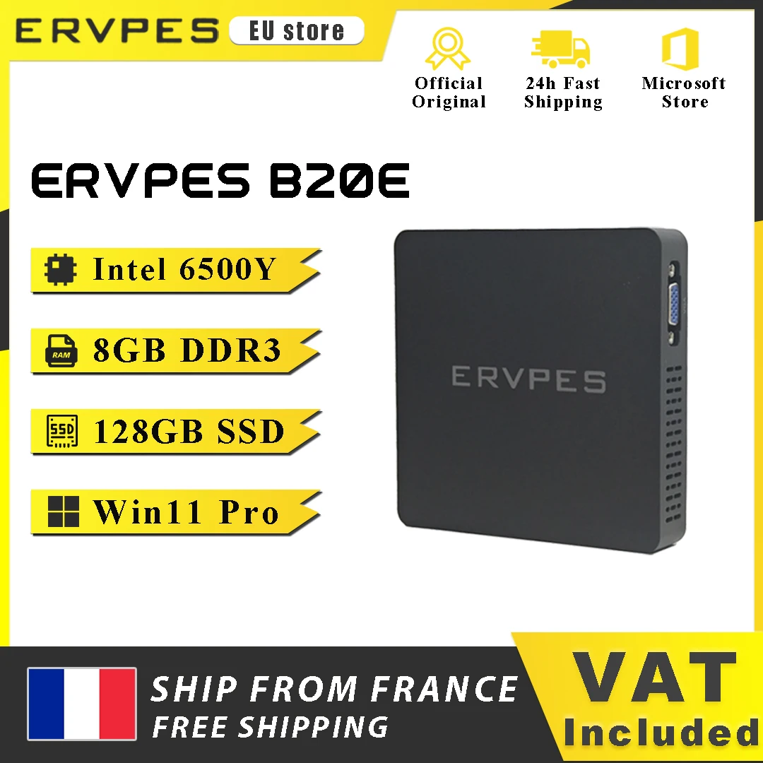 Mini PC ERVPES B20E Intel 6500Y Windows 11 DDR3 8 Go de RAM 128 Go SSD HDMI VGA WIFI5 BT 5.0 USB Ordinateur de bureau compact
