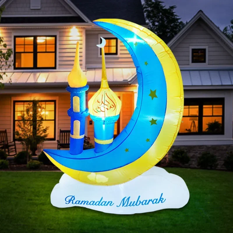 Ramadan Mubarak Decorazioni lunari gonfiabili per esterni Illuminate Blow Up Decorazioni per la santa celebrazione musulmana per il giardino del prato delle vacanze