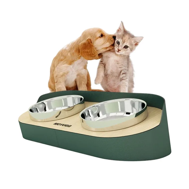 Luxury Pet Cat Bowl Water Food Feeder with Leather Stand Kitten Anti-Tip Elevated Feeding Double Stainless Dish Dog Supplies