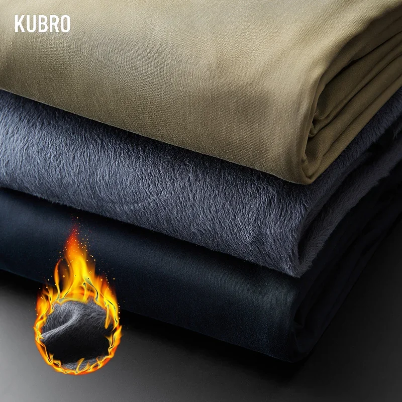 KUBRO Three Colors Men's Winter Fleece Fluff Thicken Warm Casual Pants Men Business Straight Elastic Thick Cotton Trousers Male