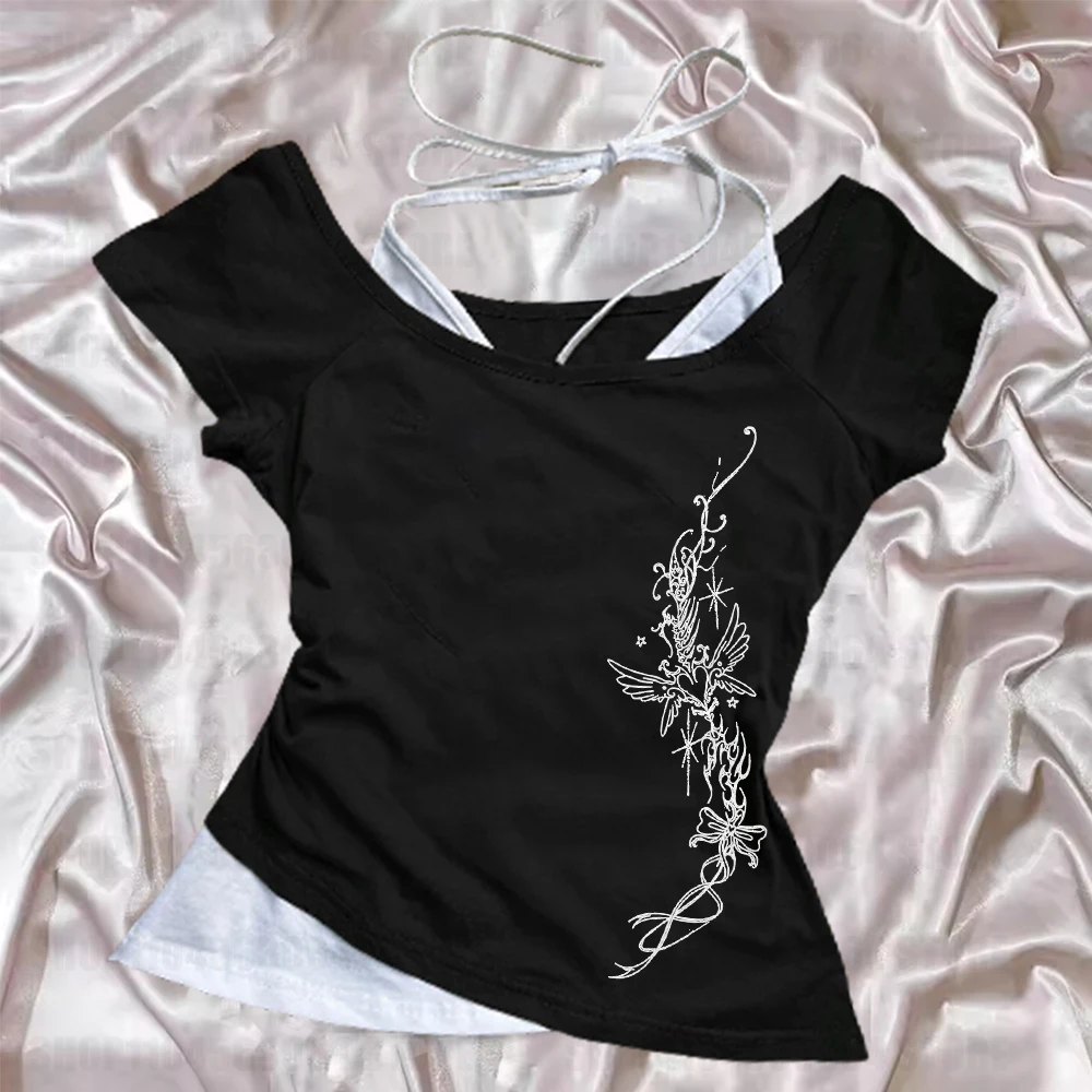 서브컬쳐 여성 의류 Y2K 펑크 티셔츠 아메리칸 레트로 스윗 섹시 숏 여성 의류 여름 캐주얼 인기 상의