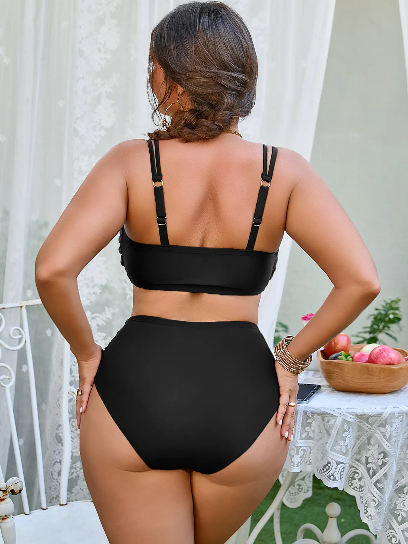 Plus Size High Waisted Bikini Set Gold Starfish Decor Twist Front Push Up Top Adjustable Strap Tummy Control Curvy Bathing Suit