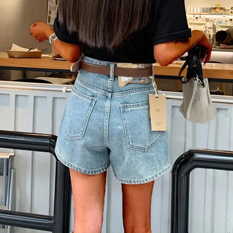 Woman High Waist Vintage Wide Leg Jeans Female Y2k 2000s Streetwear Pants Girls Fashion Retro Blue Light Blue Baggy Denim Shorts