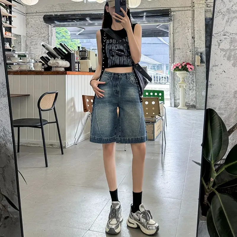 

Vintage denim shorts for women in summer high waist loose straight leg wide leg cropped shorts casual high waist slimming shorts