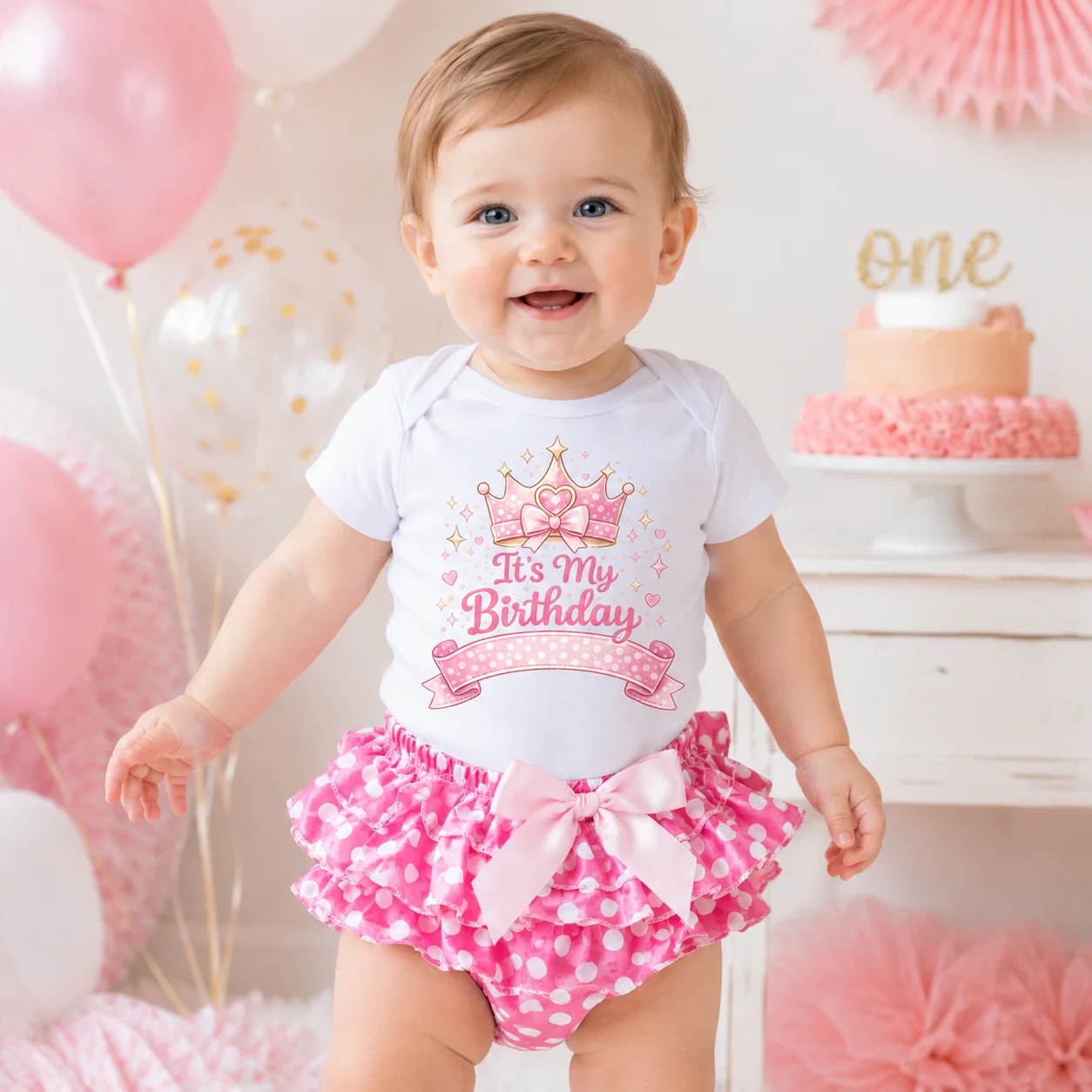 Baby Girl 1st Birthday Outfit It's My Birthday Crown Bodysuit Pink Polka Dot Tutu Shorts Set Newborn Birthday Party Clothes