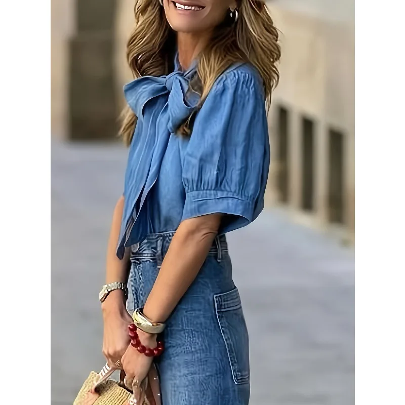 2026년 봄 여름 신상 여성 의류 단색 기품 있는 레이스업 중간 소매 세미 터틀넥 셔츠 탑