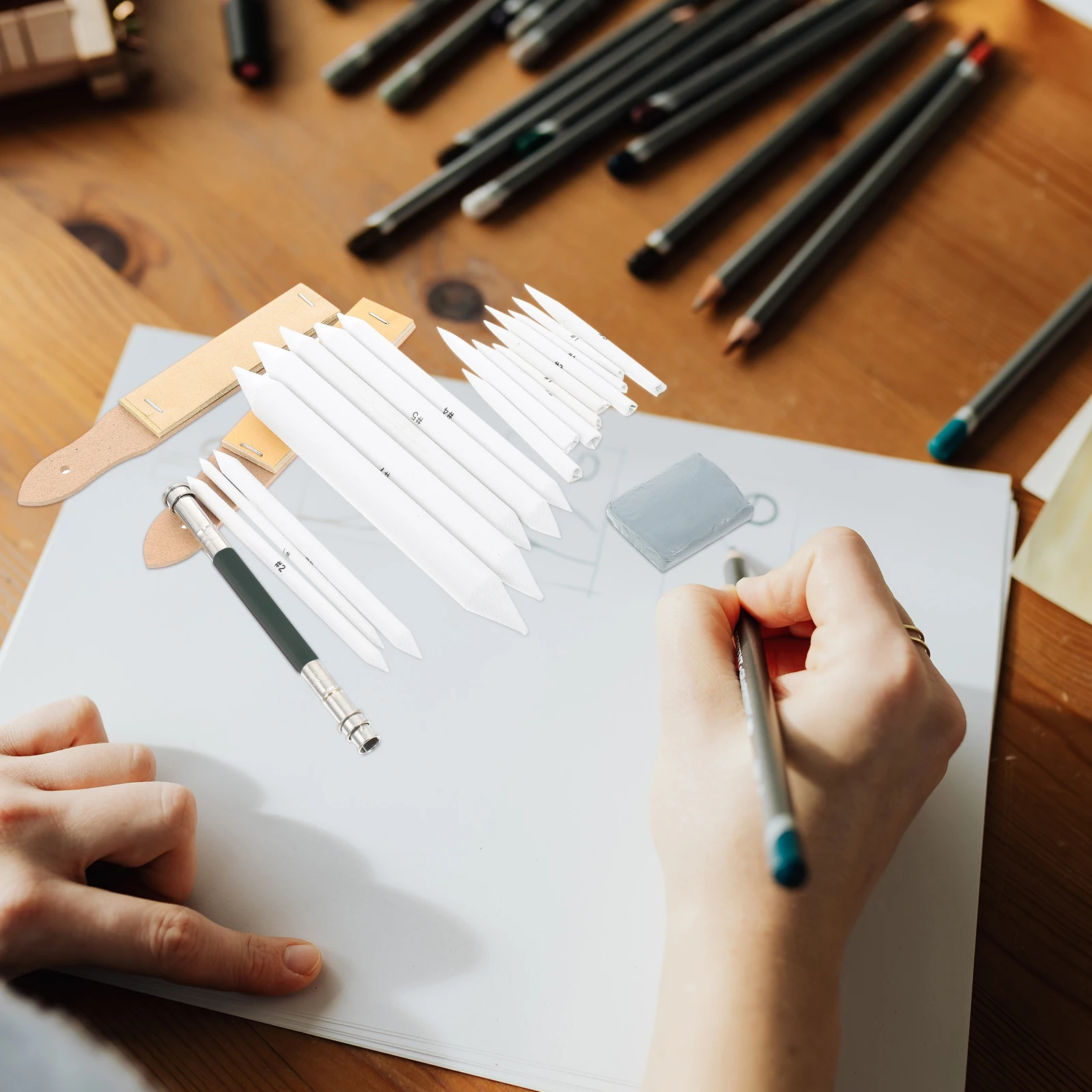 

23 pcs Blending Stumps Tortillons Set 8 Double-Ended 10 Smudge Sticks 2 Sandpaper Pads Pencil Extension Sponge Kneaded Eraser