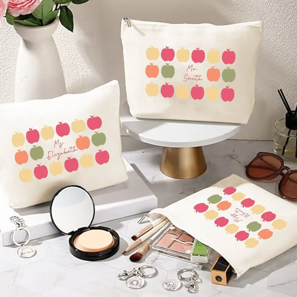 Personalized Apple Teacher’s Name Makeup Bag Custom Cosmetic Bag with Colorful Apple Design Canvas Travel Bag Zipper Pouch