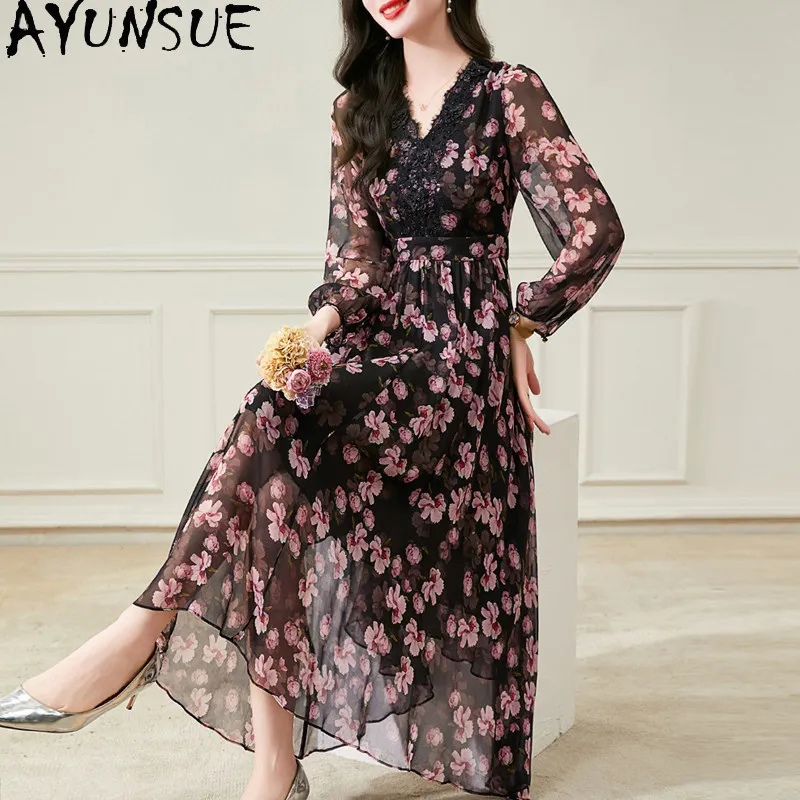 

AYUNSUE 100% Natural Mulberry Silk Long Dress Elegant Dresses for Women Summer Woman Clothes Floral Party Dress Vestido Mujer