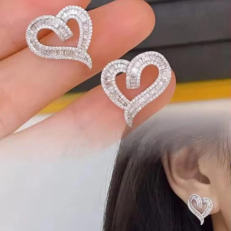 Huitan Romantic Heart Women Earrings Hollow Out Design Inlaid Shiny CZ for Wedding Engagement Anniversary Accessories Jewelry