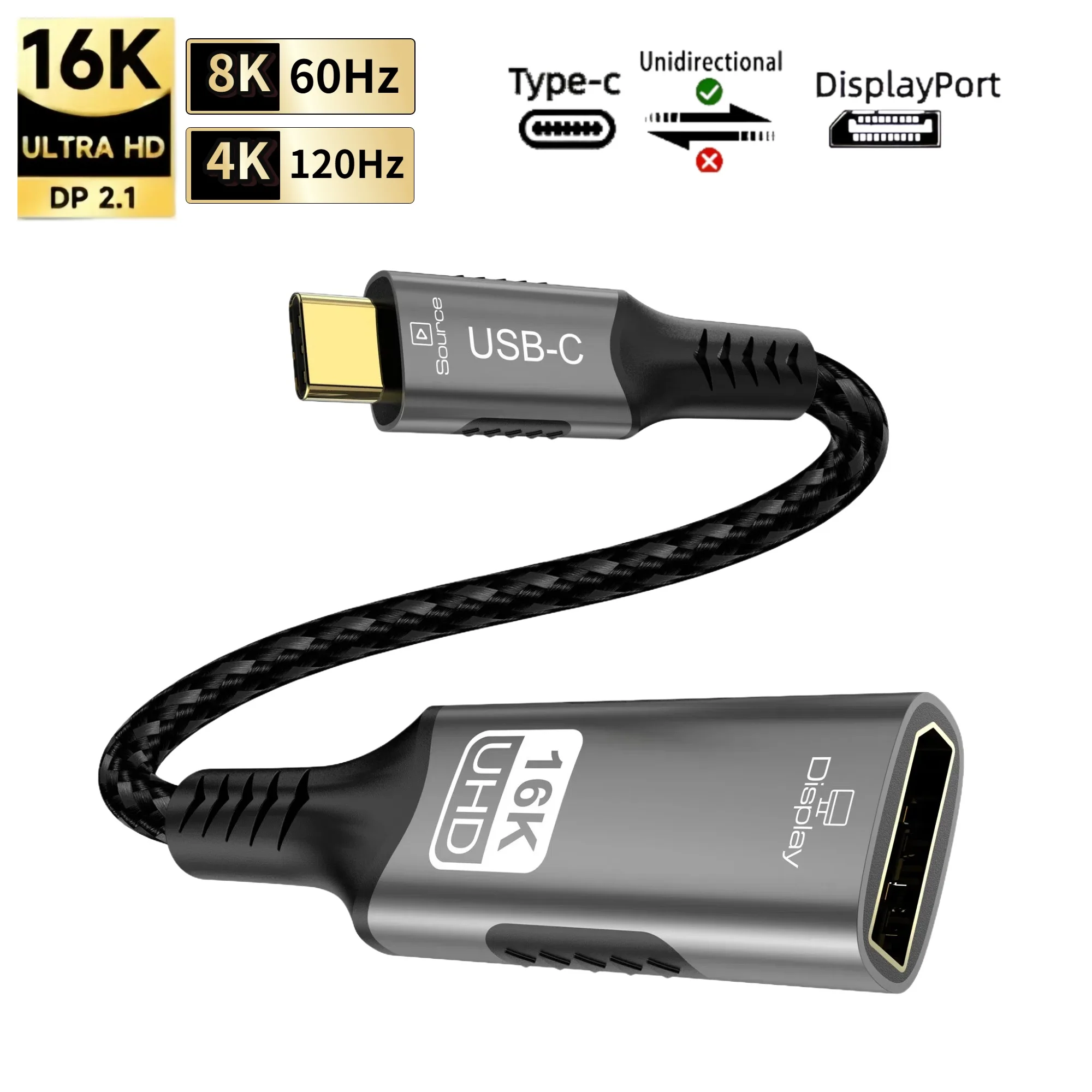 16K USB C/Type C to DisplayPort 2.1 Extension Cable 8K@120Hz 4K@240Hz, Thunderbolt 4/3 to DP Adapter for iPhone15 Macbook Pro