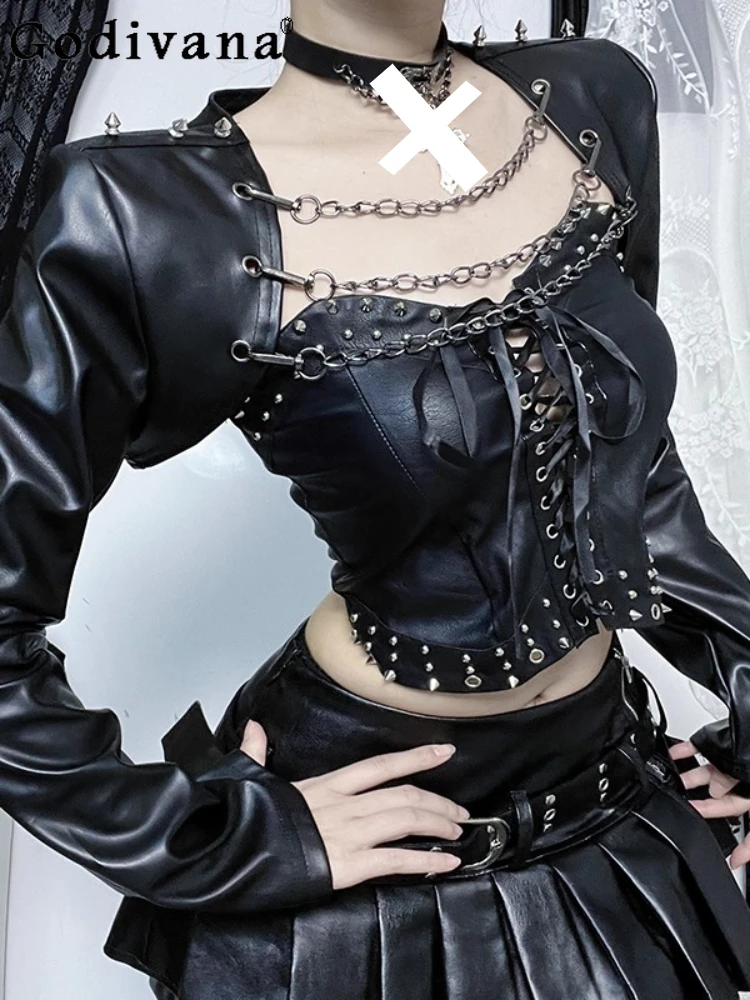 

Punk Long Sleeve Chain Sexy Ultra-short Leather Blouse Subcultural Personality Girls Rock Concert Black Versatile Fashion Coat