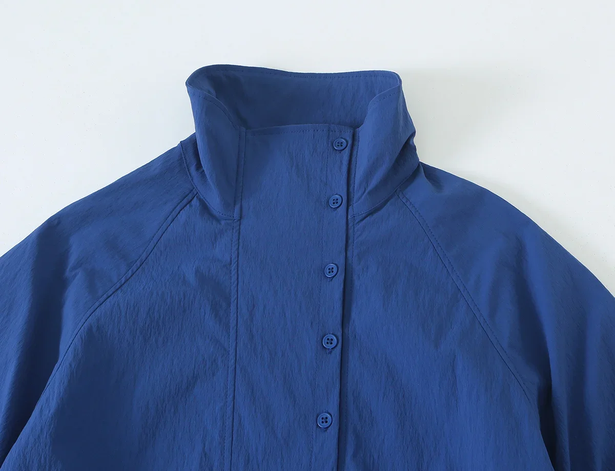 Vintage-Lichtjacke, einreihig, für Frühling und Herbst, Damenmantel, dünn, schick, lässig, mit Faltenärmeln, Stehkragen, High-Street-Top – Detail 3