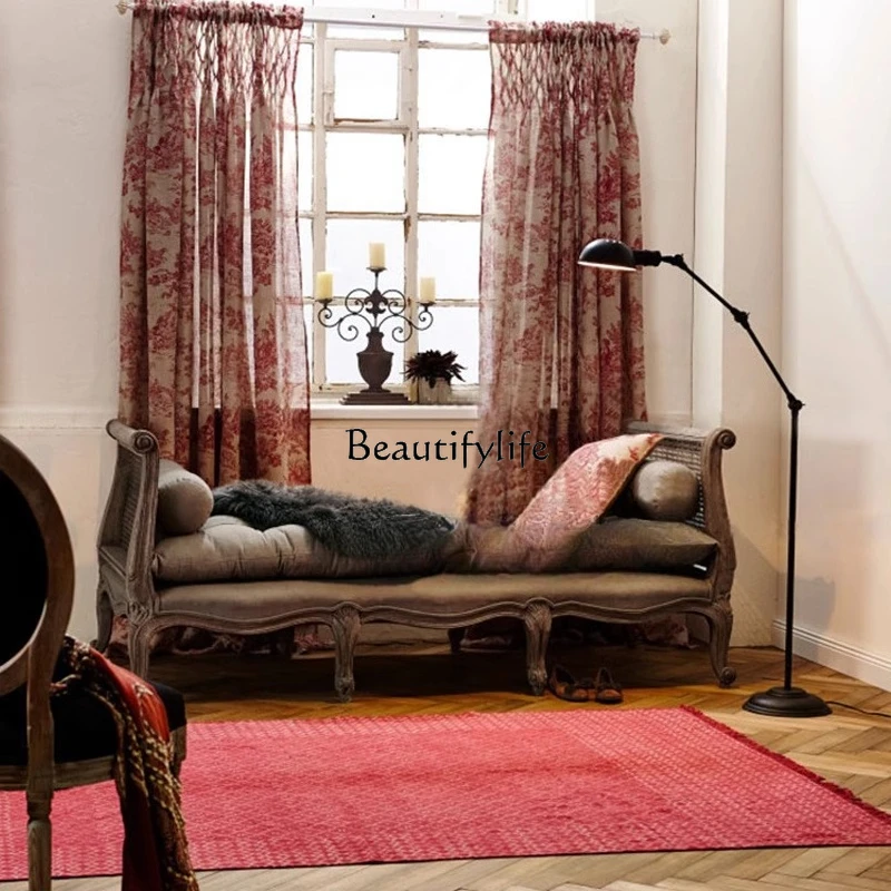 

10*European American solid wood rattan fabric sofa bed retro old living room chaise longue