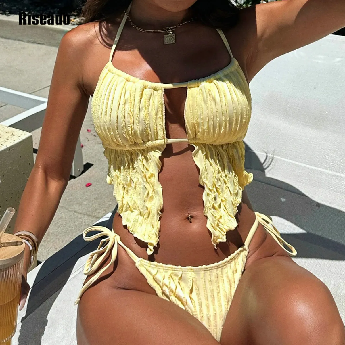 Halter Swimsuits for Women Textured Backless 2 Piece Bathing Suits Cheeky High Cut String Tie Side Bikini Sets