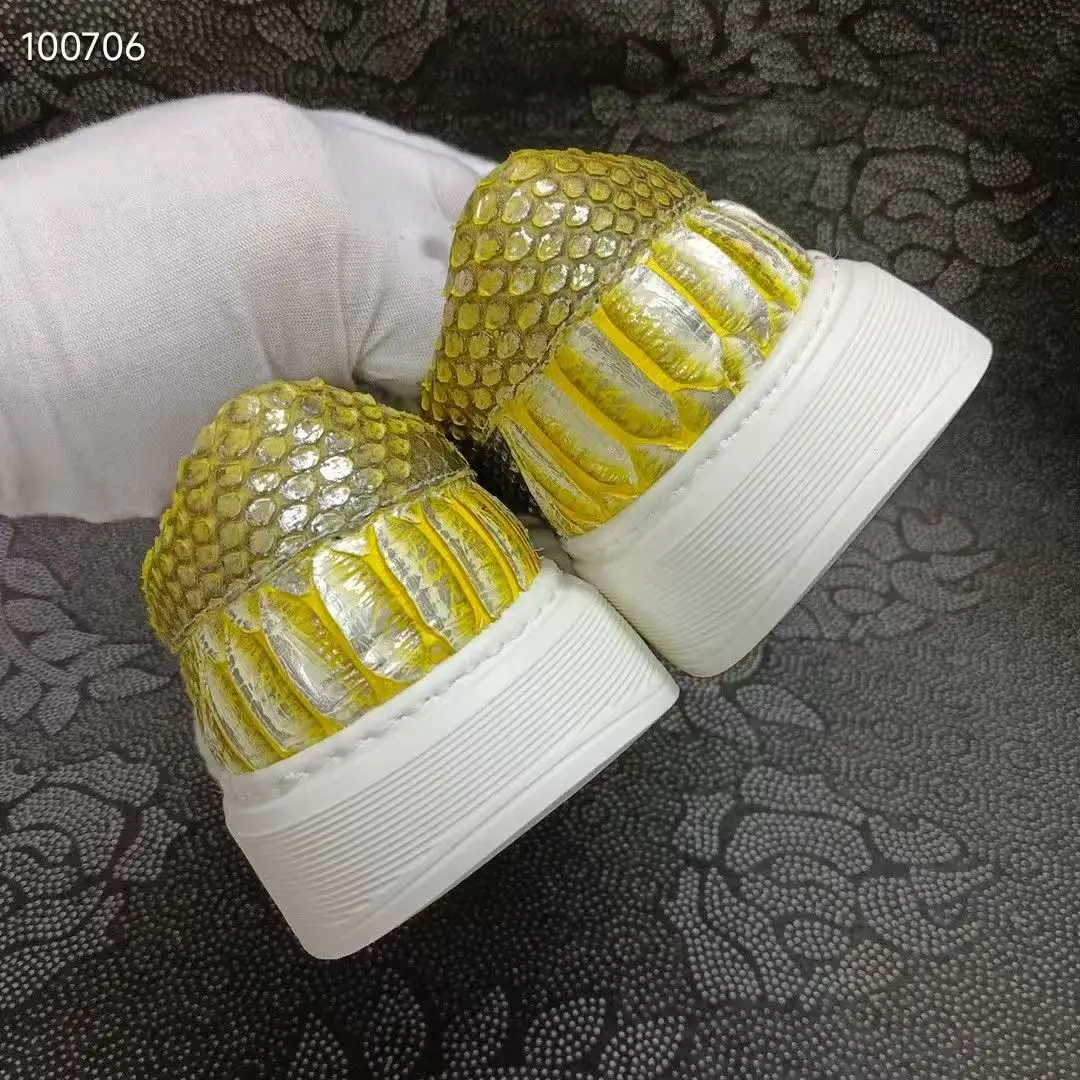 حذاء مسطح للرجال مصنوع من جلد الثعبان الحقيقي لعام 100% عالي الجودة باللون الأصفر والذهبي من جلد الثعبان حذاء رياضي أنيق للرجال #4