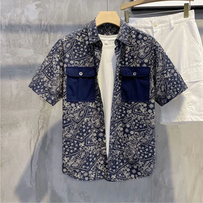 Summer Polo-neck Vintage Floral Printing Shirt Male Short Sleeve Harajuku Y2K Cardigan Top Men Patchwork All-match Casual Blouse