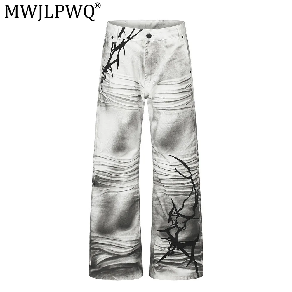 MWJLPWQ American Retro Dirty-Dyed Gradient Jeans For Men Trendy Distressed Loose Wide-Leg Pants Chic Niche Denim Trousers 21153